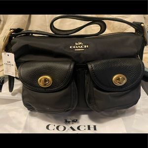 Coach Cargo Shoulder Bag With Vintage Rose Print Interior, Black.